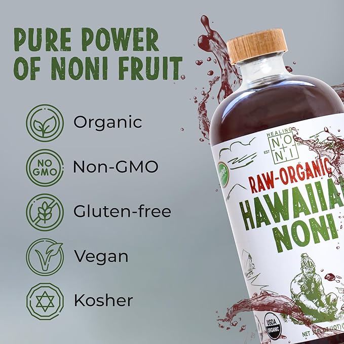Healing Noni - 100% Pure RAW Noni Juice - USDA Organic Premium Strength Cold Pressed Hawaiian-Grown Superfood - (32oz 4 Pack)