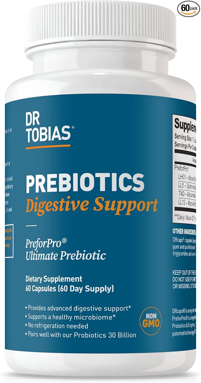 Dr. Tobias Prebiotics Digestive Support Advanced Prebiotic Supplement for Gut Health Immune Function &amp Boost for Probiotics for Women &amp Men Vegan Non-GMO 60 Capsules 60 Servings