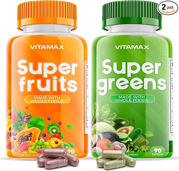 Vitamax Super Fruit and Vegetable Supplements – Whole Superfood Vitamins &amp Minerals – 90 Veggie and 90 Fruit Capsules for Women Men and Kids - Soy Free – Made in The USA