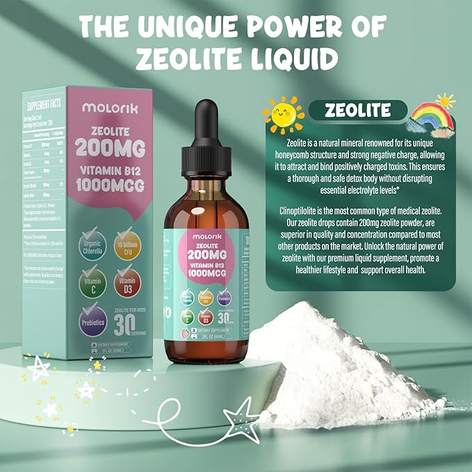 Zeolite Detox for Kids and Adults 200mg Zeolite Liquid Drops with 1000mcg Vitamin B12 Organic Chlorella 10 billion CFU &amp Prebiotics for Gut Support &amp Speech Immune Bone Energy* Strawber