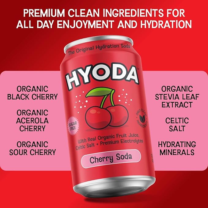 HYODA Cherry Soda Gluten Free and Vegan Sparkling Electrolyte Drink Made with Organic Cherry Juice Celtic Salt and Calcium Keto Zero Sugar Plant Based Caffeine Free 12 FL OZ Cans 12 Pack