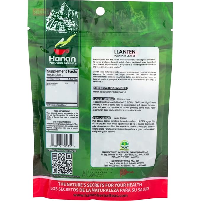 Hanan Peruvian Secrets Plantain (Llanten) Loose Herbal Tea |100% Natural Herb from the Andes Mountains | 1.06 oz / 30g |