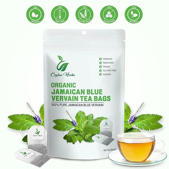 50 Jamaican Blue Vervain Tea Bags - 100% Pure Wild-Crafted Herbal Tea Bags for a Smooth and Earthy Brew Healthy Well-Cleaned Whole Plant Tea Cut
