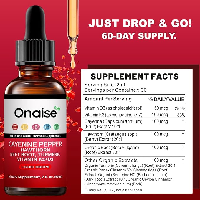 Cayenne Drops - Cayenne Pepper Drops Liquid Supplement with Organic Hawthorn Beet Root Turmeric Vitamin K2 D3