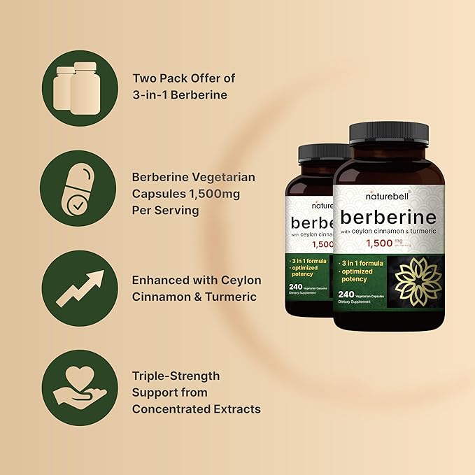 NatureBell Berberine Supplement 1500mg with Ceylon Cinnamon &amp Turmeric Root 480 Veggie Capsules (2 Pack) | 97% Pure Berberine HCL | Supports Balanced Sugar Levels &amp Heart Health | Vegan Non