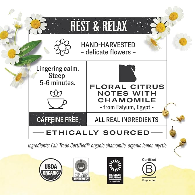 Numi Organic Chamomile Lemon Tea – 54 Herbal Tea Bags – Caffeine Free Calming Egyptian Chamomile &amp Lemon Myrtle – Caffeine Free Floral Citrus Herbal Tea
