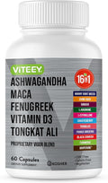Viteey Ashwagandha Maca Fenugreek Supplement with Tongkat Ali – Drive Passion &amp Energy Support for Men &amp Women – Mood Calm &amp Stress Support - 60 Capsules