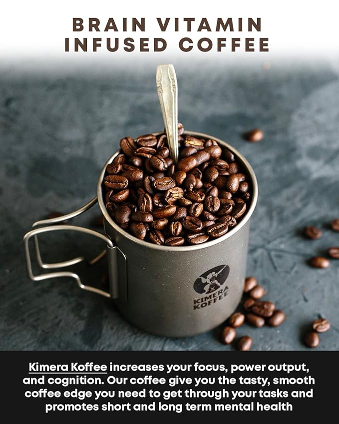 Kimera Koffee - Organic Light Roast Ground Coffee | Focus Blend | Infused with Brain Vitamins | L-theanine | Amplifies Alpha Brain Waves| Enhance Mental Endurance &amp Awareness | 12oz