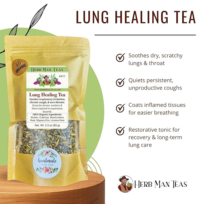 LUNG HEALING TEA – Dry Cough &amp Respiratory Discomfort Relief Blend with Mullein Plantain &amp Marshmallow – Formulated by Master Herbalist Khabir – 100% Organic Non-GMO No Additives