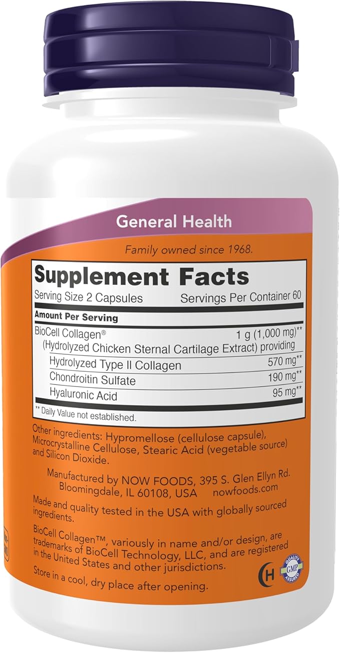NOW Foods Supplements BioCell Collagen® Hydrolyzed Type II Clinically Validated 120 Veg Capsules