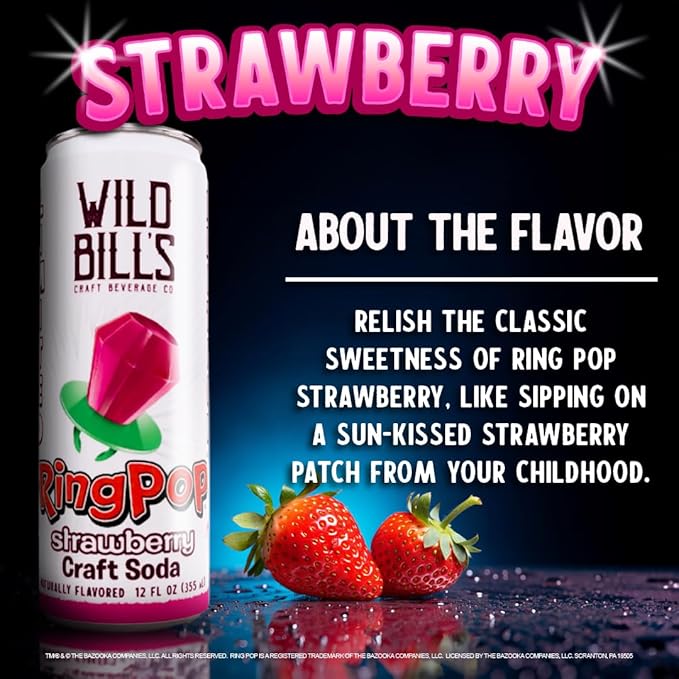 Wild Bill’s Craft Soda Variety Pack – Ring Pop Soft Drinks – Watermelon Strawberry Berry Blast &amp Blue Raspberry – Pure Cane Sugar No HFCS Caffeine Free Vegan Gluten Free - 12 Oz Cans 12 Pack
