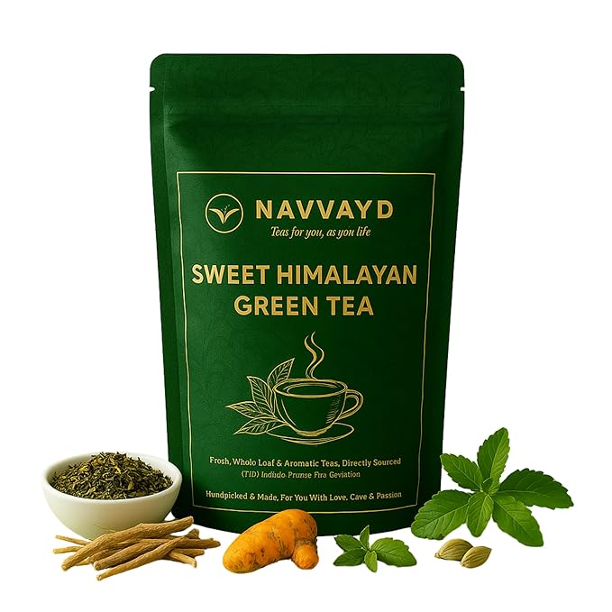 NAVVAYD Sweet Himalayan Green Tea | Loose Leaf | Ashwagandha | Shatavari | Turmeric &amp Cardamom | 3.52 Oz (100g) | Assam Tea | Organic leaves | Herbal | Daily Energy