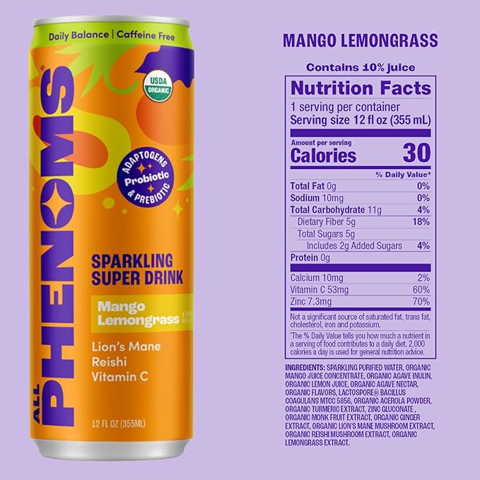 All Phenoms Daily Balance Sparkling Organic Prebiotic &amp Probiotic Drink - Adaptogen Mushroom Blend (500mg of Lions Mane &amp Reishi) Vit C Zinc (Non-Caffeinated No Stevia) - Mango Lemongrass