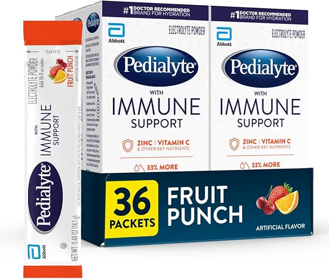Pedialyte with Immune Support Electrolyte Drink Powder with Vitamin C and Zinc Advanced Hydration Fruit Punch 36 Powder Packets