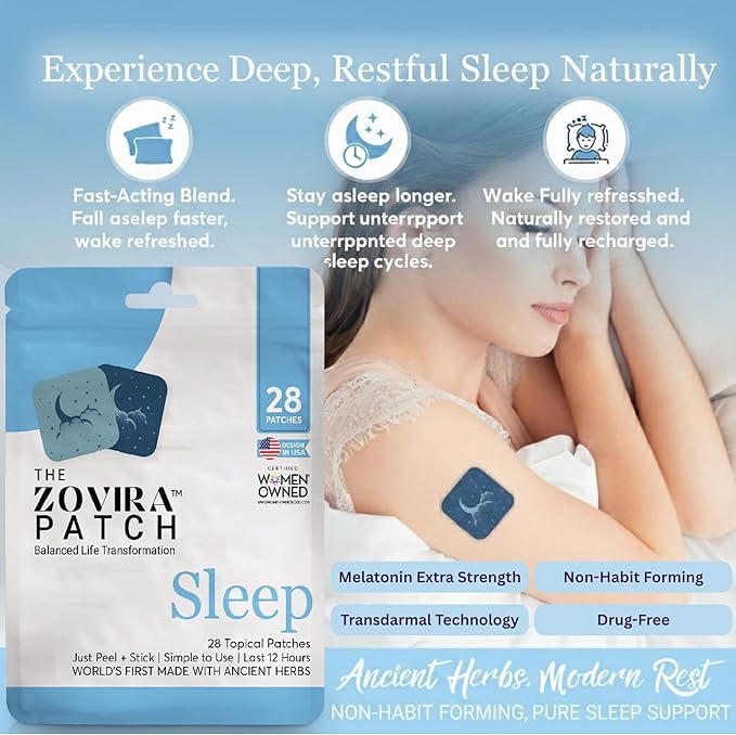 Zovira Sleep Patches for Adults — Extra Strength Melatonin &amp Magnesium Patch — Time-Release Sleep Aid Stickers — Non-Habit Forming Hypoallergenic — 28 Transdermal Patches for Deep Rest &amp Rela
