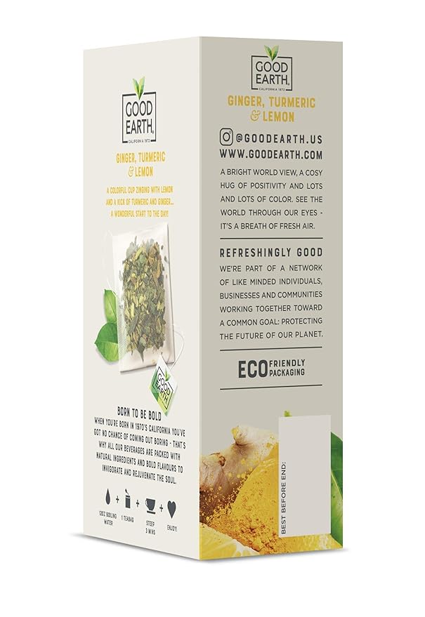 Good Earth Sensorial Blend Flavored Herbal Tea Ginger Turmeric and Lemon No Artificial Color No Preservatives 15 Bag (Pack of 5)