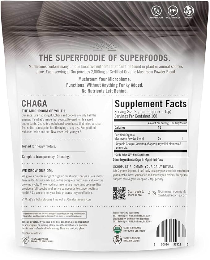 OM MUSHROOM SUPERFOOD Chaga Organic Mushroom Powder 7.05 Ounce Pouch 100 Servings US Grown Sacred Antioxidants &amp Immune Support Superfood Mushroom Supplement