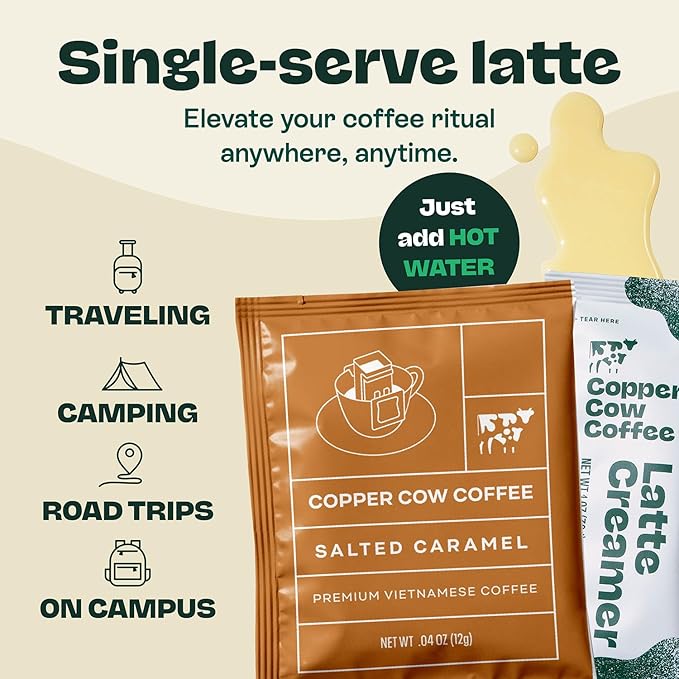 Copper Cow Vietnamese Coffee Variety Pack (15 Coffees &amp 15 Creamers)| Classic Vanilla &amp Salted Caramel Latte | Pour Over Single-Serve Lattes No Refrigeration Needed Travel Friendly Ground