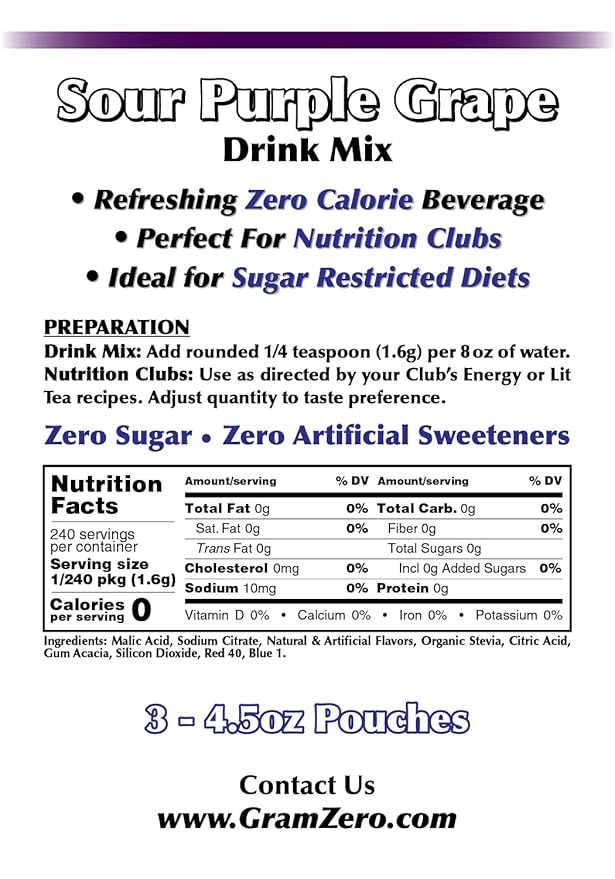 GramZero Sour Purple Grape Zero Calorie Sugar Free Drink Mix Great For Nutrition Club Loaded Tea Stevia Sweetened