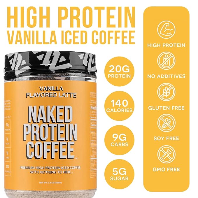 NAKED Vanilla Latte Protein Coffee - Premium Colombian Iced Coffee Protein Shake Drink Delicious Keto Friendly and Gluten Free 17 Servings