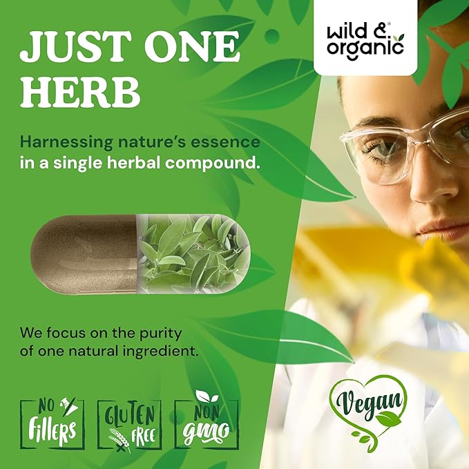 Wild &amp Organic Sage Capsules 1000 mg - Brain Digestive &amp Immune Support - Sage Leaves Extract Supplement - 60 Days of Supply - 120 Herb Capsules - Vegan Non-GMO Gluten-Free No Fillers