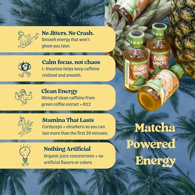 balaveda Tropic Rush Energy Shot with Organic Matcha L-Theanine Cordyceps Eleuthero and Vitamin B12 – Mint Pineapple Flavor – Clean and Sustained Energy Support – 2 Fl Oz Bottles (Pack of 12)