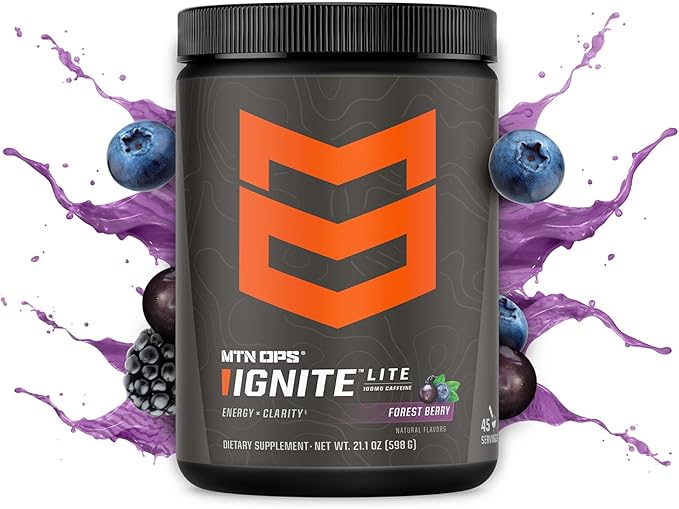 MTN OPS Ignite Lite Sugar Free Energy Drink Powder with 100mg Caffeine Nootropic Blend for Energy &amp Focus L Arginine &amp L Citrulline for Endurance 45 Servings Forest Berry