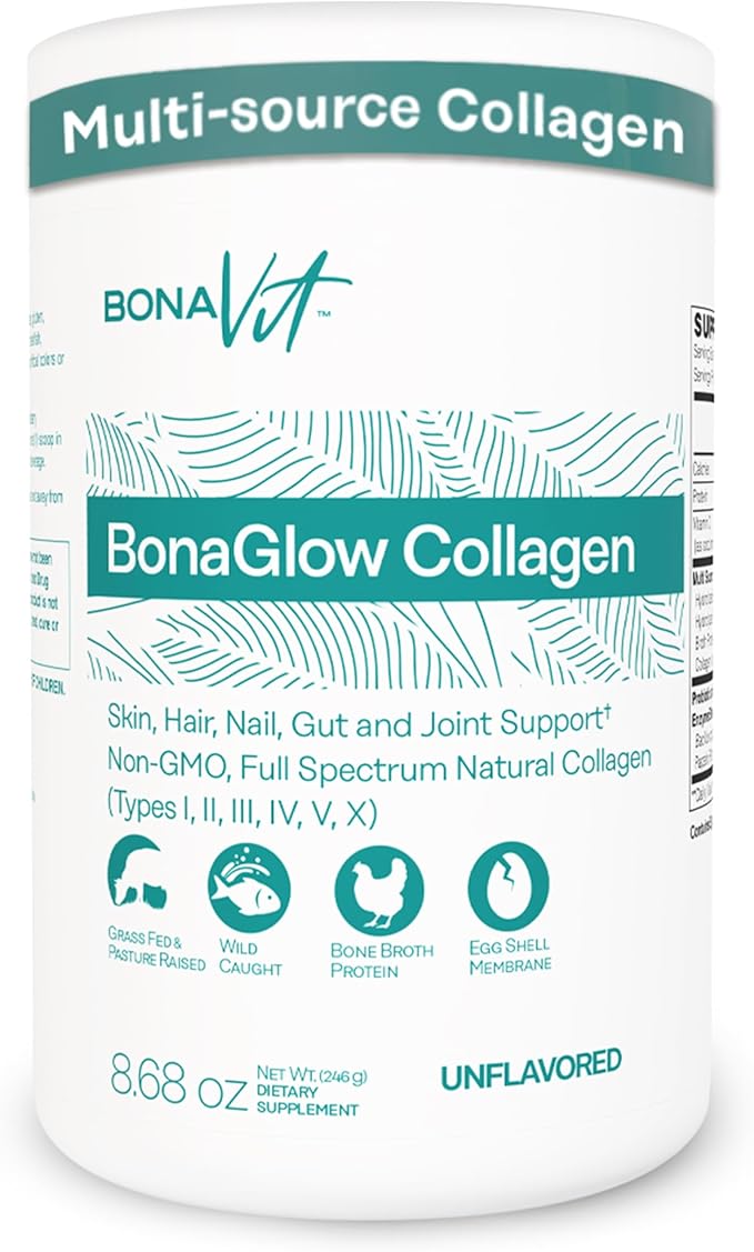 Multi Collagen Peptides - Types I II III IV V &amp X - Premium Hydrolyzed Collagen Powder for Women &amp Men - with Vitamin C Digestive Enzymes &amp Probiotics - 24 servings - BonaGlow Unflavo