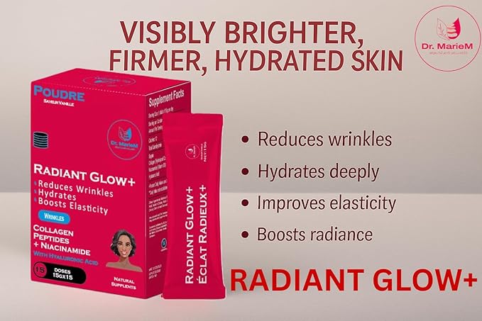 Radiant Glow+ Anti-Aging Powder Supplement – 3.3g Collagen Peptides + 333mg 20mg Niacinamide with HA – Reduces Wrinkles Hydrates &amp Boosts Elasticity – Vanilla Flavor – 15 g/Stick