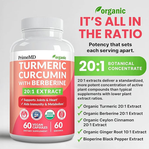 5-in-1 USDA Organic Turmeric Curcumin Supplement - 230mg with Berberine Ceylon Cinnamon Bioperine and Ginger Supplements for Mobility Digestion &amp Wellness Support USDA Organic 60 Servings 1-P