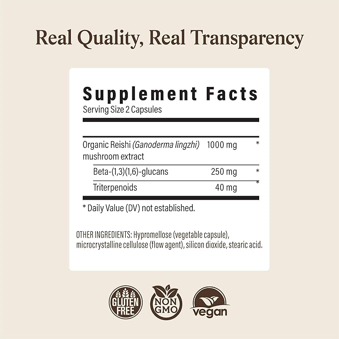 Real Mushrooms Reishi Mushroom Capsules - Handpicked Organic Mushroom Extracts - Red Reishi for Tranquil Daily Wellness with Verified Beta Glucans Vegan Non-GMO No Grain Fillers 90 ct