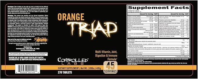 CONTROLLED LABS Orange Triad Daily Multivitamin Iron Free Sports Supplement for Workout Digestion Immune and Joints 45 serv - Tablets (270 Count (Pack of 1))