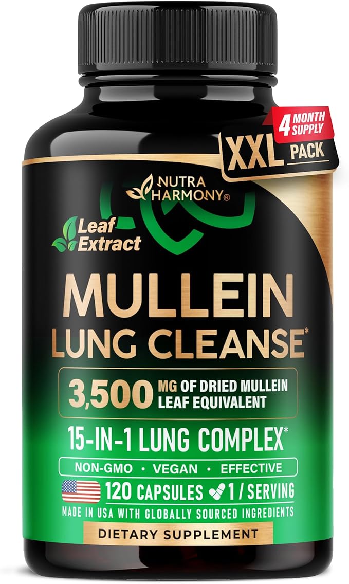 Mullein Leaf Extract for Lung Detox - Marshmallow Root | Echinacea | Oregano | Quercetin | NAC - 15-in-1 Lung Support &amp Cleanse for Smokers Supplement - Made in USA - As Drops Tincture - 120 Caps