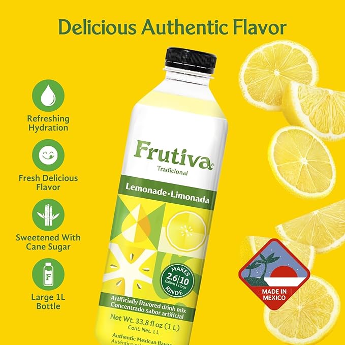 Frutiva Authentic Lemonade Drink Mix | Made in Mexico with Cane Sugar | Aguas Frescas Concentrate Makes 2.6 Gallons Per Bottle | No High Fructose Corn Syrup | Perfect for Drinks Desserts &amp More |