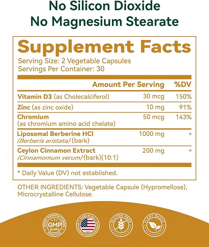 Liposomal Berberine with Ceylon Cinnamon 1200MG - GLP-1 Friendly High-Absorption Berberine Supplement Natural Body Balance Support - Non-GMO 60 Veg Capsules Made in USA Lab Tested