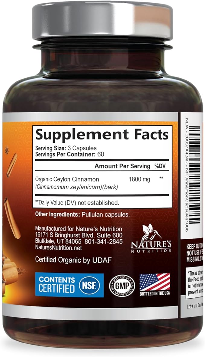 Organic Ceylon Cinnamon 1800mg Per Serving - Extra Strength Certified Organic Ceylon Cinnamon Powder Pills Supplement - Energy &amp Heart Support Antioxidant for Women &amp Men Bottled USA - 180 Ca