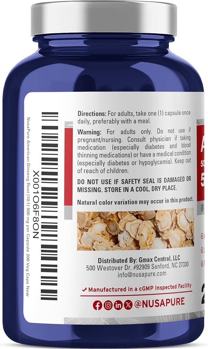 NusaPure American Ginseng 10:1 Extract 500 mg Equivalent to 5000mg - 200 Veggie Capsules (Vegetarian Non-GMO Vegan)