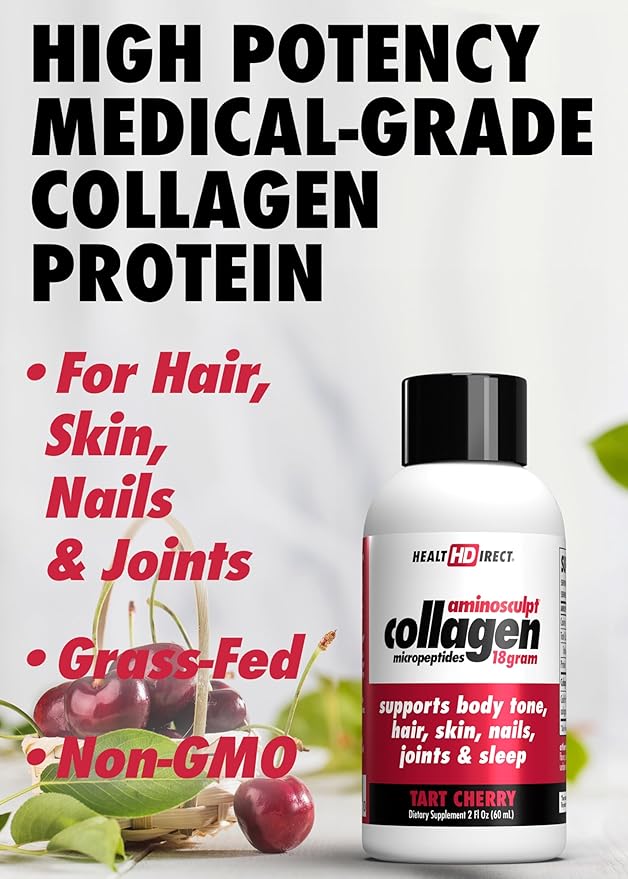HEALTH DIRECT – Medical-Grade Liquid Collagen Shots – AminoSculpt Sugar-Free – Tart Cherry – 12 Servings (12pk 2oz Shots) – Good for Joints Bones &amp Sleep – Better Hair Skin &amp Nails