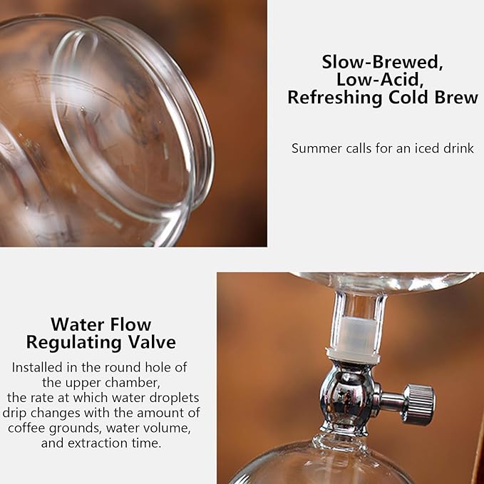 Cold Brew Coffee Maker Iced Coffee Cold Brew Drip Tower Coffee Maker with Adjustable Valve Borosilicate Glass Wood Tower for Making Delicious Cold Extracted Coffee At Home In Shops Cafes and Offices