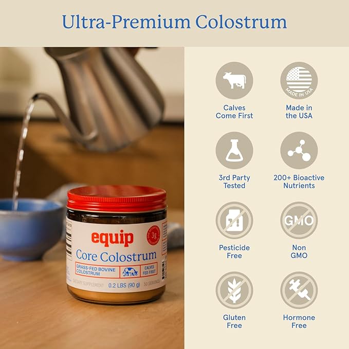 Equip Foods Core Bovine Colostrum Powder - 3000mg Grass Fed Colostrum Supplement - Gut Health Immunity Recovery Lactoferrin Supplements - Keto Friendly Bovine Colostrum 30 Servings Unflavored