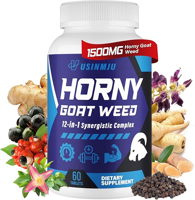 Hornygoatweed for Men 12 In 1 Horny Goat Weed Male Enhancing Supplement with 1500mg Horny goat weed 500mg Maca Root Ginseng Tongkat Ali Ginger for Stamina &amp Energy Max Strength - 60 Tablets