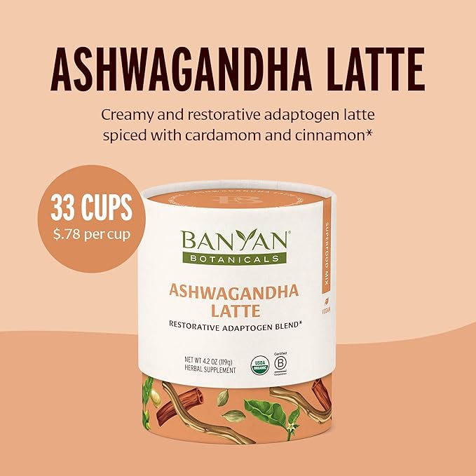 Banyan Botanicals Ashwagandha Latte – Caffeine-Free Organic Herbal Latte Mix – Instant Herbal Adaptogen Drink for Energy Relaxation and Nourishment* – 4.2 oz – Non-GMO Sustainably Sourced Vegan