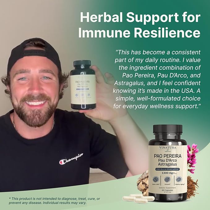 VINATURA Pao Pereira + PAU D'Arco Astragalus - 1300MG Serving USA Made &amp Tested Stem Cells and Immune Support 60 Capsules