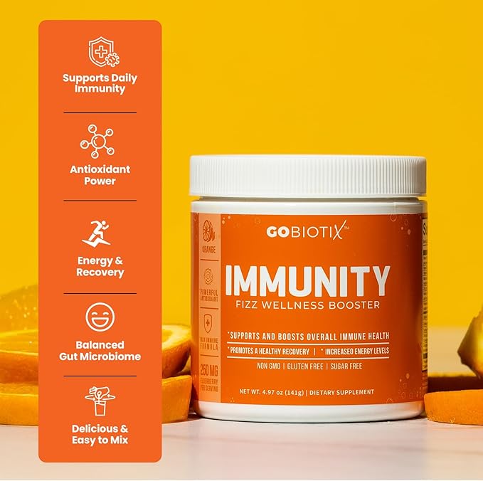 GOBIOTIX Vitamin C - Immune Defense Support Supplement - Immunity Powder Wellness Booster - Vegan Superfood - Elderberry Turmeric B12 Vitamin Supplement Non-GMO and Sugar Free (Orange)