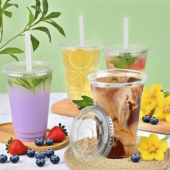 [200 SETS] 32 oz Cups with lids Plastic cups with lids and straws iced coffee cup suitable for takeout iced coffee cold drinks smoothies juices parfaits Frappuccinos and milkshakes.