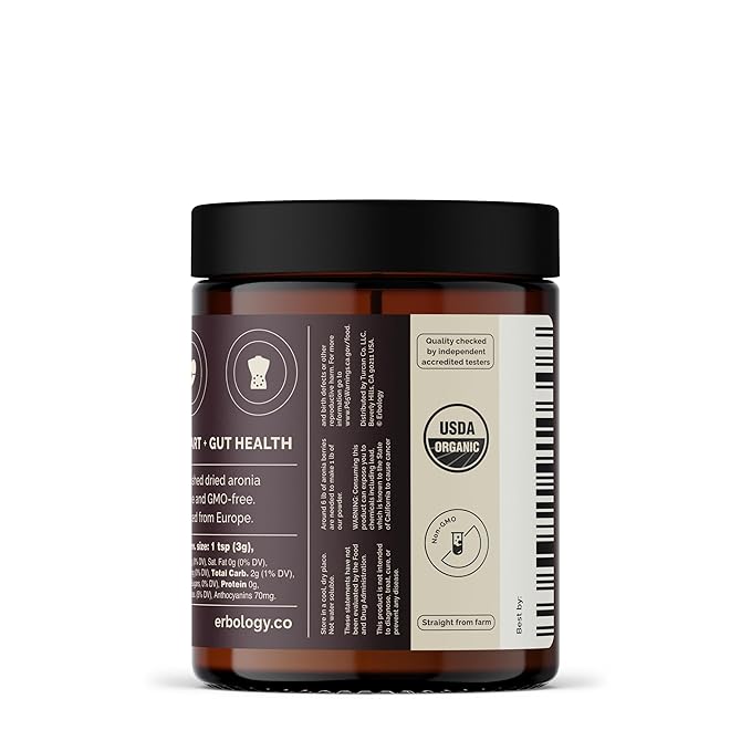 Erbology Organic Aronia Berry Powder 3.2 oz - 30 Servings - Supports Skin Health - Rich in Anthocyanins - Sustainably Sourced Straight from Farm - Small Batch - Vegan - GMO-Free