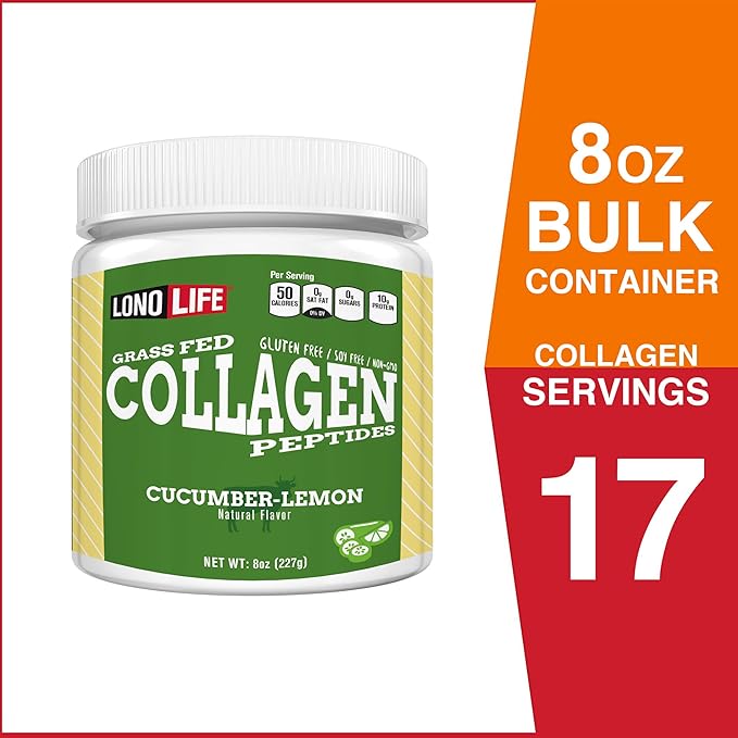 LonoLife Cucumber Lemon Collagen Peptides with 10g Protein 8-Ounce Bulk Container