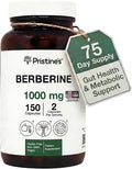 PRISTINE'S Berberine Supplement Capsules - 1000 MG 75 Day Supply 150 Capsules - Heart &amp Immunity Health Support Antioxidant - Digestive Tract &amp Healthy Gut Flora Support