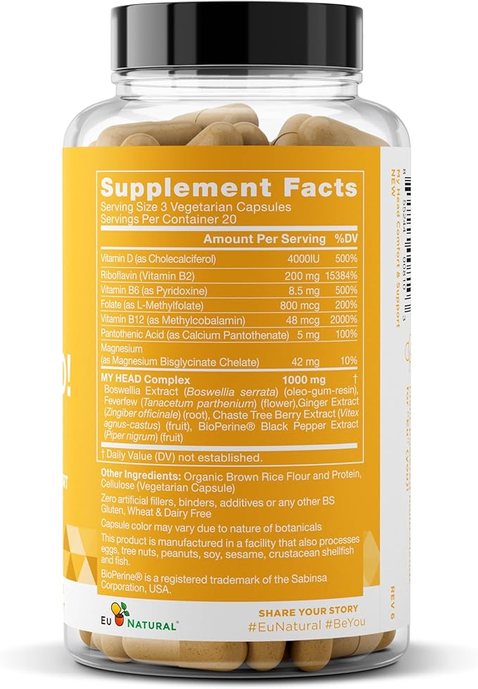 My Head! Headache Vitamins – Sensitivity Tension Comfort Healthy Head Function for A Clear Mind – Fast acting Magnesium Feverfew Boswellia Vitamin D Ginger &amp More – 60 Soft Capsules
