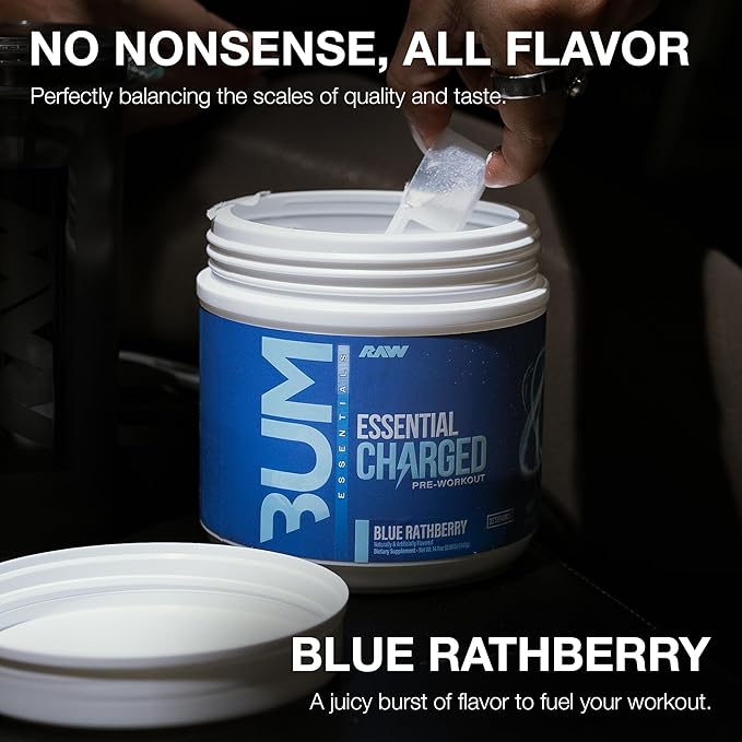 RAW Pre-Workout Powder Essential CHARGED (Blue Rathberry) - Preworkout Supplement for Men &amp Women - Supports Focus Mood &amp Performance - Caffeine Alpha-GPC L-Citrulline Beta Alanine (25 S